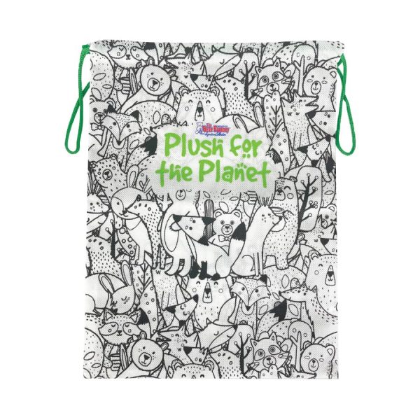 Carry home bags for bears and buddies - black and white bag with a variety of animals meant to be colored in. It says "plush for the planet" in green text"