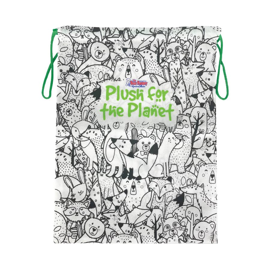 Carry home bags for bears and buddies - black and white bag with a variety of animals meant to be colored in. It says "plush for the planet" in green text"