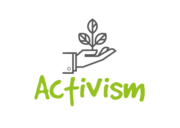 Gray hand and blossom logo with green text that says "activism"