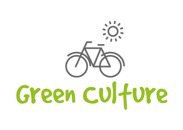 Gray bike and sun logo with green text that says "green culture"