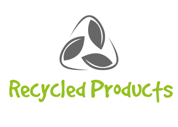 Gray recycling logo and green text that says "recycled products"