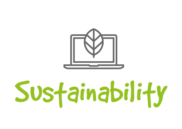Gray icon of a leaf and a computer with green text that says "sustainability"